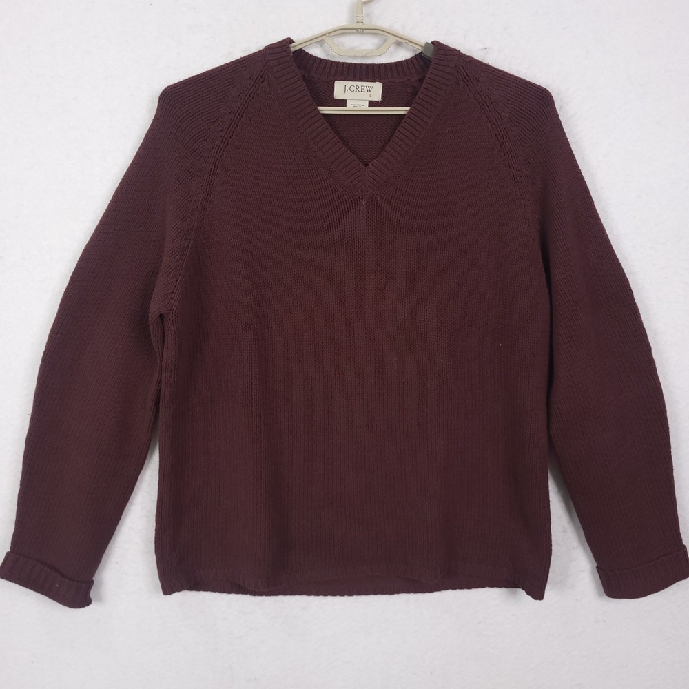 J.Crew V-Neck Sweater Mens L Burgundy Cotton Knit Raglan Pullover Classic